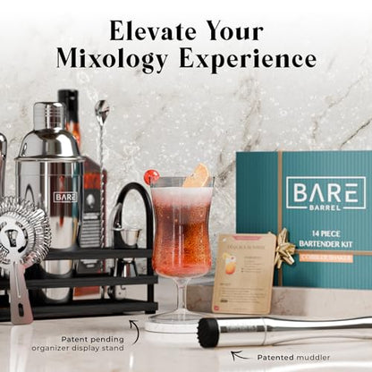 BARE BARREL® Mixology Bartender Kit Bar Set | 14-Piece Cocktail Shaker Set | Martini Barware Mixing Tools for Home Bartending | 35 Recipe Cards | Gift Set (24oz Cobbler Shaker, Silver/Black) - color: Silver/Black