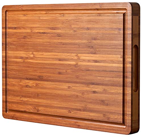 Allsum Extra Thick Wood Cutting Board for Kitchen, Reversible and Durable | 1” thick carbonized bamboo butcher block - resists warping - with handles, juice groove - charcuterie board for party - size: 16"L x 11"W