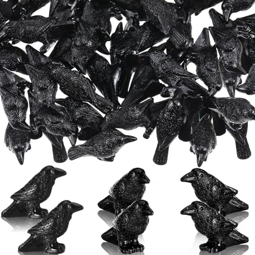 RoundFunny 50pcs Miniature Crows Resin Mini Halloween Figurine Gothic Decor | Small Black Raven, Halloween Bird Figures to Hide, Black Crows for Haunted House Witch Party Favors Horrible Micro Landscape - style: Halloween Crows