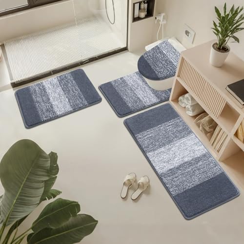 Bsmathom Bathroom Rug Set 4 Piece, Plush Microfiber Bath Mat, Dark Gray | Extra Water Absorbent, Non Slip Washable Runner Bath Rugs with Toilet Lid Cover and U-shaped Contour Toilet Mat - color: Dark Grey, size: 18"x26"+18"x48"+U20"x24"+Cover19"x21"