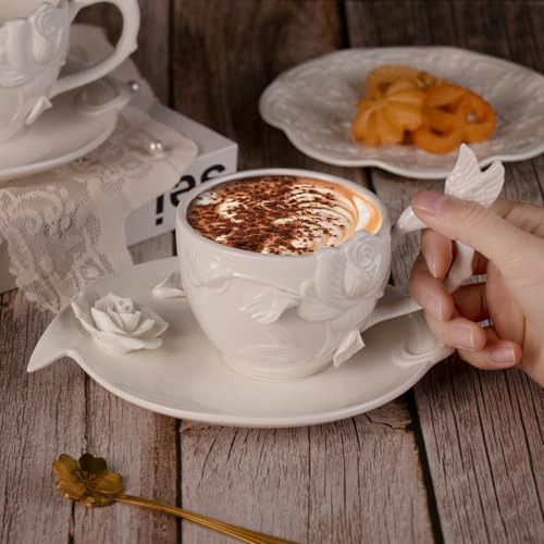 KAMMAK Tea Cups and Saucers Set of 2, 8.5 oz Porcelain Coffee Cups, 566N | Stackable Espresso Mugs, Ceramic Demitasse for Coffee, Cappuccino, Latte, Americano, Tea - size: 7KPSP566N