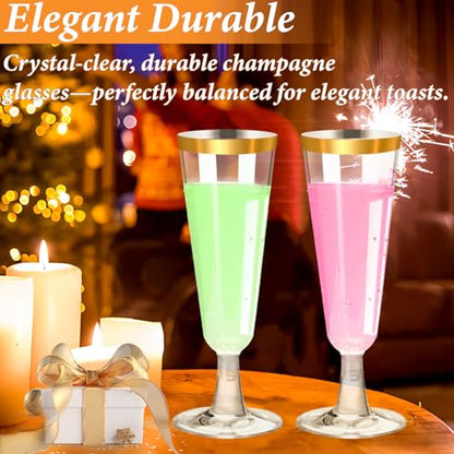 40 Pack Plastic Champagne Flutes with Gold Rim, 5.5 Oz Clear Disposable Plastic Champagne Glasses, Wine Glasses Cups for Wedding Celebration Birthday Party Wine Tasting New Years Eve Party Supplies - color: Gold Rim, size: 40-pack