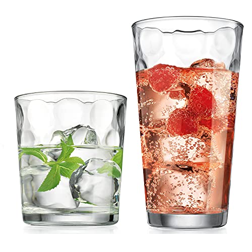 Home Essentials Drinking Glasses Set of 16, 8 Highball Glasses -17 oz., 8 Rocks Whiskey Glass Cups 13 oz., Inner Circular Lensed Glass Cups. - size: 16 Piece Set (8 x 17 oz Highball, 8 x 13 oz Rocks)