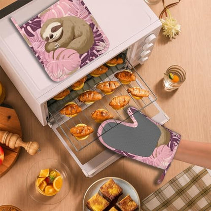 Pink Sloth Heat-Resistant Oven Mitts and Pot Holder Cute Animal Kitchen Non-Slip Silicone Cooking Microwave Gloves for Cooking Baking Grilling - color: Pink Sloth