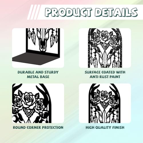 5.3"x4.3"x7.9" Metal Bookends, Heavy Duty Book Ends for Shelves | Bohemia Bull Skull Theme Cast Iron Book Supports, 1 Pair Decor Stoppers for Desk, Library, Office & Home Shelves - style: Bohemia Bull Skull with Feathers