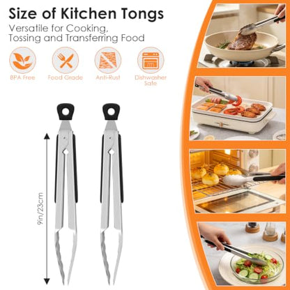Hotec Stainless Steel Kitchen Tongs Set of 2-9 Inch Locking Metal Cooking Tongs for Serving, Salad, Grill & Air Fryer with Non-Slip Grip - size: 2 pack: 9 inch