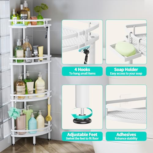 HapiRm Standing Corner Shower Caddy - 4 Tier Large Capacity, White | Shower Organizer Corner with Soap Holder and 4 Hooks, Rustproof Bathroom Storage Shelves with Adhesives - size: 4-tier