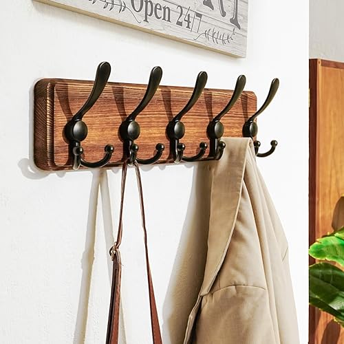 Coat Rack Wall Mounted - 5 Tri Hooks, Heavy Duty, Wooden Wall Coat Hanger Coat Hook for Clothes Hat Jacket Clothing, Natural & Black - color: Natural & Black, size: L=17.4"