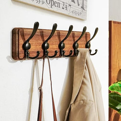 Coat Rack Wall Mounted - 5 Tri Hooks, Heavy Duty, Wooden Wall Coat Hanger Coat Hook for Clothes Hat Jacket Clothing, Natural & Black - color: Natural & Black, size: L=17.4"
