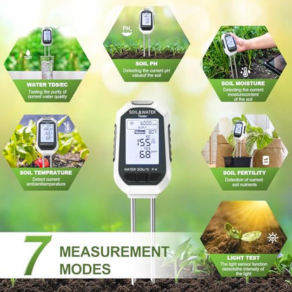 Moisture Meter for Plants, 7-in-1 Digital Soil Tester Kit with Backlit LCD - Measures pH, EC, TDS, Fertility, Temp, Moisture & Sunlight, Garden Tools for Indoor & Outdoor