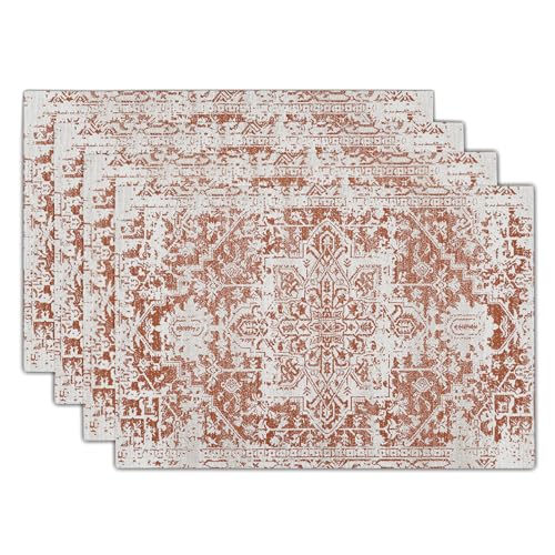 Gray Burnt Orange Boho Placemats Set of 4 Ethnic Bohemian Carpet Place Mats Washable Kitchen Dining Vintage Grey Geography Floral Linen Table Mats Stain Heat-Resistant for Home Party Indoor 12x18 in - color: Burnt Orange, size: 18x12 Inches