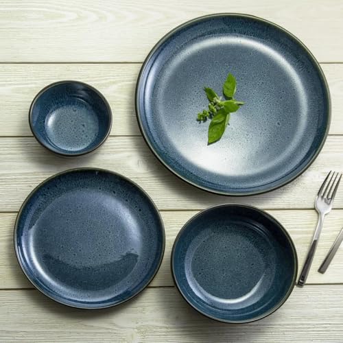 Sango 16-Piece Stoneware Dinnerware Set for 4, Glossy Black/Blue Big Dinner Plates and Bowls Sets with Reactive Glaze, Ceramic Dish Set, Modern Beautiful Dishes, Microwave & Dishwasher Safe, Resona - color: Blue, size: 16-Piece Set