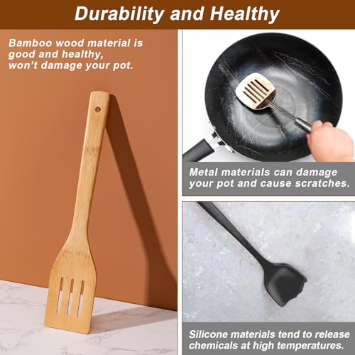 Eisinly Wooden Spoons for Cooking 7-Piece, Kitchen Nonstick Bamboo Cooking Utensils Set, Durability Wooden Spatula Spoon for Everyday Use, Smooth Edge - color: Yellow-Bamboo, style: Smooth-edge