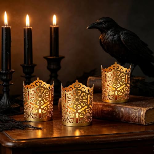 Hosley Set of 3 Gold Diamond Cut Candle Holders 4 Inches High Elevate Your Space with Elegant Metal Candle Holders in a Value Pack - color: Gold 3 Pack, size: 4 inch High