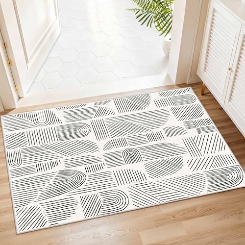 2x3 Washable Rug Small Area Rugs Low Pile Mid Century Modern | Throw Carpet for Entryway Bathroom Kitchen Bedroom Bedside Non Slip Floor Indoor Boho Abstract White and Black - color: White and Black, size: 2' x 3' (Rectangular)