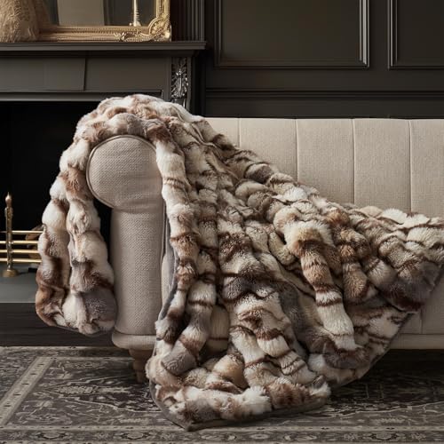 Faux Rabbit Fur Bubble Throw Blanket, 50"x60", Beige & Gray | Ultra Soft, Luxury Faux Rabbit Fur Throw, Thick Warm Bubble Blanket, Cozy Fluffy Reversible, for Bed, Couch, Chair, Sofa - color: Marble Beige & Grey Chocolate, size: 50"x60"