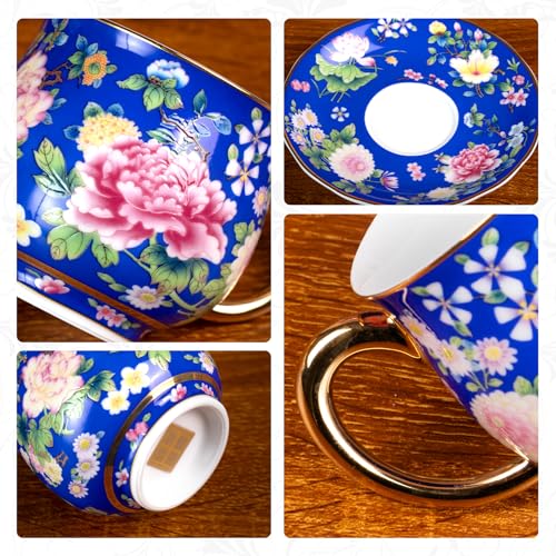 KAMMAK Tea Cup and Saucer, Ceramic Coffee Cups, 7.1 oz, Set of 2 | Porcelain Tea Cups with Saucers for Coffee and Cappuccino, Ideal for Breakfast, Afternoon Tea and Entertaining,939+943N - style: 939N+943N