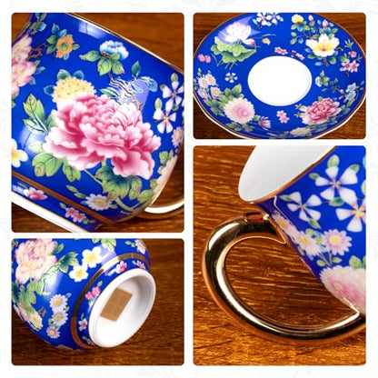 KAMMAK Tea Cup and Saucer, Ceramic Coffee Cups, 7.1 oz, Set of 2 | Porcelain Tea Cups with Saucers for Coffee and Cappuccino, Ideal for Breakfast, Afternoon Tea and Entertaining,939+943N - style: 939N+943N
