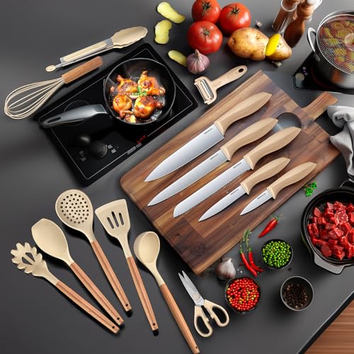 Cooking Utensils Set,18-Piece Kitchen Utensils and Knife Set,Khiki | Food-grade Silicone Utensils Heat-resistant to 410°F,5-Piece Stainless Steel Kitchen Knife with Sharpener and Cutting Board - color: Khiki
