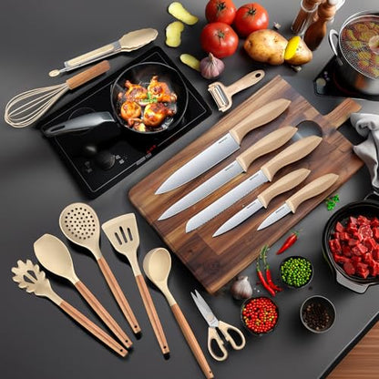 Cooking Utensils Set,18-Piece Kitchen Utensils and Knife Set,Khiki | Food-grade Silicone Utensils Heat-resistant to 410°F,5-Piece Stainless Steel Kitchen Knife with Sharpener and Cutting Board - color: Khiki