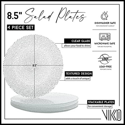 Vikko Elegant Textured Glass Plates - Set of 4 Stackable Salad & Dessert Plates, 8.5 Inch, Dishwasher Safe - style: Set of 4 8.5" Plates