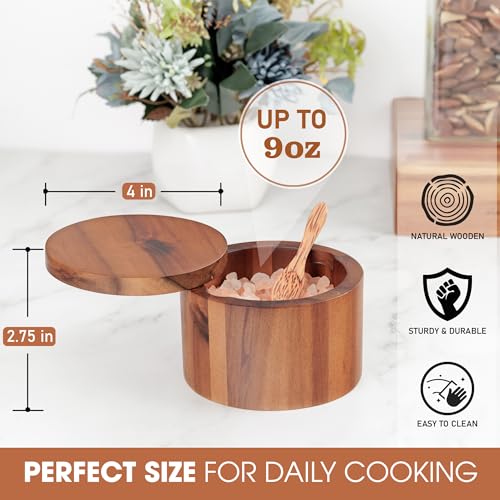 Demigo Acacia Wood Salt Cellar with Spoon, 9 oz Salt Box with Swivel Lid | Salt Jar, Wooden Salt Keeper & Seasoning Storage for Kitchen Counter, Holds Table Salt, Sea Salt, Herbs, Pepper & Sugar - color: Acacia - Salt Box with Spoon
