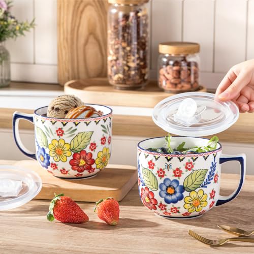 Ceramic Soup Bowl with Handle 32oz – Microwave Ramen Bowl with Lid, Hand Painted Soup Mug & Cup for Cereal, Oatmeal, Ramen, Instant Noodle, Soup Container with Lid - Polish-Inspired Folk Floral