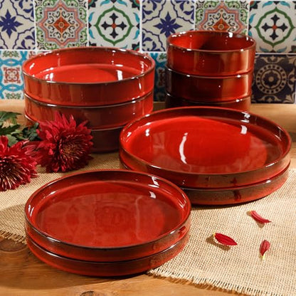 Two Time Oprah's Favorite Things Winner - Santorini Mist Double Bowl Terracotta Reactive Glaze Plates and Bowls Dinnerware Set - Garnet Red, Service for Four (16pcs) - color: Garnet Red