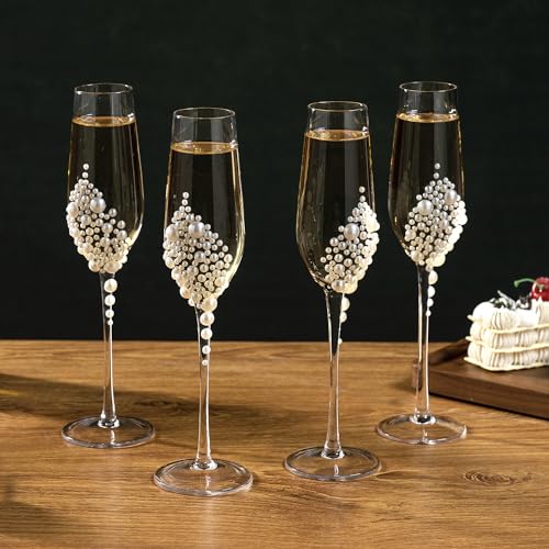 MyGift 6 oz Pearl Champagne Flutes Clear Stemmed Toasting Glasses Set 4 | Faux Pearl Accent, Elegant Stem Design, Perfect for Celebrations, Gift Ready Drinkware, Special Occasion Table Setting - color: White
