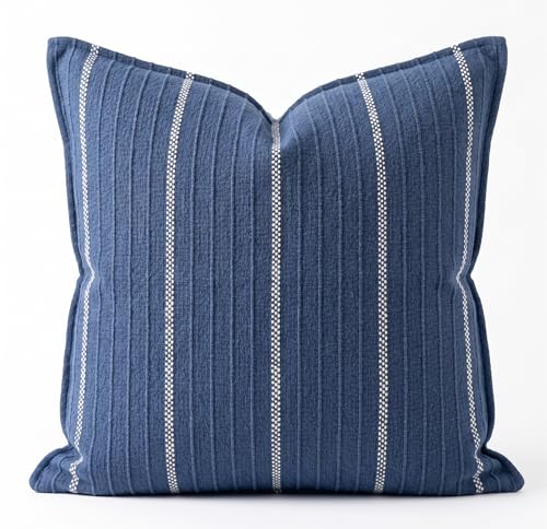 SanVia Cotton Throw Pillow Covers 20x20 – Handwoven Jacquard Texture, Fade-Resistant, No Pilling – Hidden Zipper, Decorative Cushion Cover for Sofa, Couch, Bed – Insert Not Included (Striped, Blue) - color: Navy Blue, size: 20" x 20" (Pack of 1)