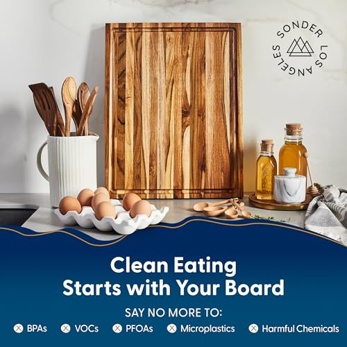 Sonder Los Angeles Laurel Teak Wood Cutting Board, Large 18x14x1.25 in | Non-toxic, Edge Grain, Juice Groove, Reversible, Built-in Handles, Gift Box Included, 7.5 lbs - color: Laurel | Teak | Edge Grain