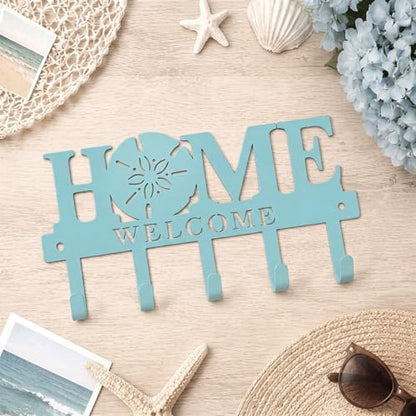 Beach Key Holder Wall Mount Turquoise Blue Sand Dollar Metal Welcome Home Key Hook with 5 Hooks Coastal Blue Hanger Coat Rack Nautical Wall Decor for Entryway Bathroom Living Room 9.8 Inch - style: Starfish Beach