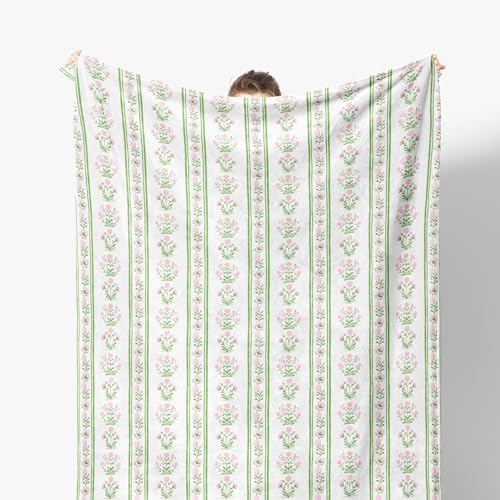 Pink Floral Blanket, Pink and Green Grandmillennial Flower Decorative Throw Blanket for Couch Bed Sofa, Pastel Floral Striped Throw Blankets for Living Room Bedroom Decor, 50x60 Inches - color: Color 06