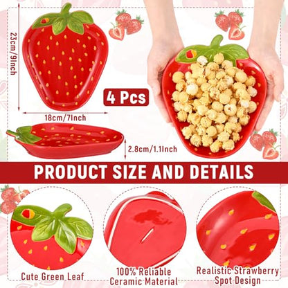 LemonRoad 4 Pcs Ceramic Strawberry Plates 9 Inch Food Serving Platters Strawberry Theme Party Decorations Cute Fruit Salad Plates Dishes Spring Tableware Serving Tray for Dinner Dessert Picnic Candy
