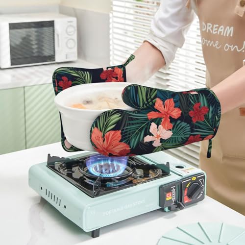 Tropic Hawaiian Hibiscus Flower Oven Mitts Pot Holders Set Silicone Heat Resistant Green Leaves Red Floral Oven Mitts and Hot Pads Potholders Non-Slip Oven Gloves for Cooking Baking Grilling - color: Red Green