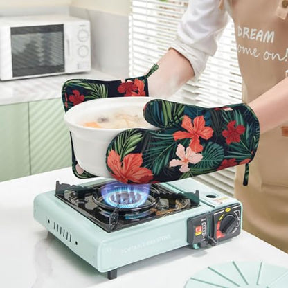 Tropic Hawaiian Hibiscus Flower Oven Mitts Pot Holders Set Silicone Heat Resistant Green Leaves Red Floral Oven Mitts and Hot Pads Potholders Non-Slip Oven Gloves for Cooking Baking Grilling - color: Red Green