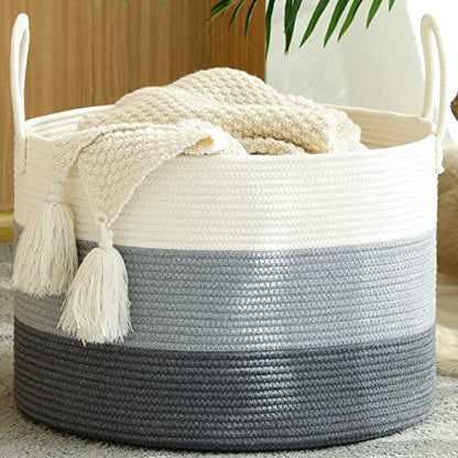 KAKAMAY Large Blanket Basket (20"x13"),Woven Baskets for storage Baby Laundry Hamper,Cotton Rope Blanket Basket for Living Room, Laundry, Nursery, Pillows, Baby Toy chest with Handles (White/Grey) | Extra Large Capacity | Natural Cotton Rope | Blanket Sto