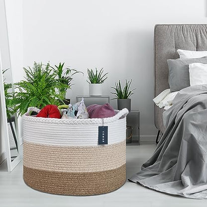 COMSE XXXLarge Woven Blanket & Laundry Basket, 87L, White & Gradient Brown | 21.7" x 13.8", Cotton Rope, Nursery Hamper for Storage of Toys Clothes Towels, Ideal for Living Room Bedroom Bathroom - color: White & Gradient Brown