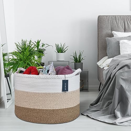 COMSE XXXLarge Woven Blanket & Laundry Basket, 87L, White & Gradient Brown | 21.7" x 13.8", Cotton Rope, Nursery Hamper for Storage of Toys Clothes Towels, Ideal for Living Room Bedroom Bathroom - color: White & Gradient Brown