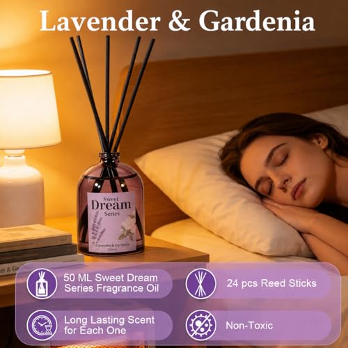 STRN Reed Diffuser Set, Lavender Scent Oil Diffuser Summer Fragrance 200ML | Chamomile, Gardenia, Sage, Sandalwood Long-Lasting Air Freshener for Home, Bedroom, Bathroom - color: Purple