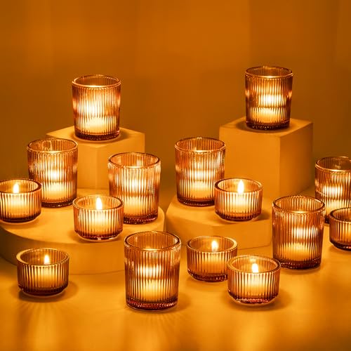 Glasseam Glass Votive Candle Holders Bulk 24 Amber Ribbed Tealight for Fall | Table Centerpieces, Vintage, Fluted Thick Glass, Brown Small Tea Lights, Thanksgiving, Halloween Party Decor, Boho, Rustic - color: Amber