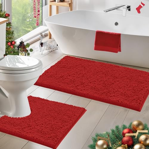 Christmas Bathroom Rugs Sets 2 Piece, Luxury Chenille Bath Mat Set, Soft Plush Anti-Slip Bath Rug + U-Shaped Toilet Mat. Microfiber Shaggy Carpet, Super Absorbent (24” x 36” & 20” x 24” U, Red) - color: Red, size: 2 Piece Set - Large