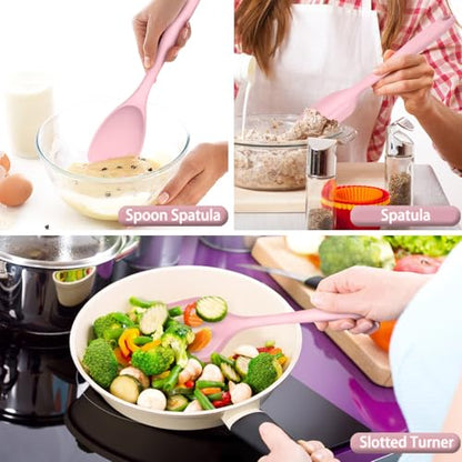 P&P CHEF Pink Kitchen Utensils, Silicone Cooking Utensil Set of 7 | Soft Spatula for Nonstick Cookware, Slotted Turner, Soup Ladle, Pasta Server, Spoon for Cooking, Dishwasher Safe & Heat Proof - color: Pink