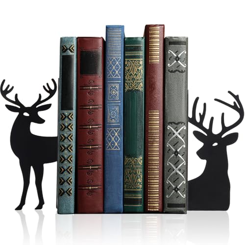 Reindeer Metal Bookends Set of 2 Black Reindeer Head Christmas Book Ends for Shelves Elk L Shaped Book Organizer for Desk Organizer Deer Lovers and Reading Enthusiasts - style: Christmas Reindeer