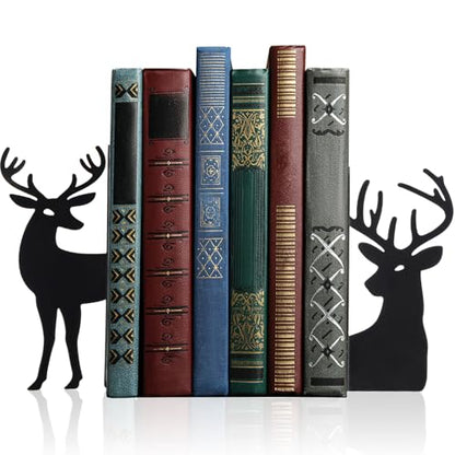Reindeer Metal Bookends Set of 2 Black Reindeer Head Christmas Book Ends for Shelves Elk L Shaped Book Organizer for Desk Organizer Deer Lovers and Reading Enthusiasts - style: Christmas Reindeer