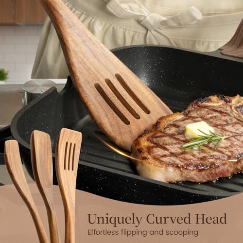 Kikcoin 10 PCS Durable Natural Teak Wooden Cooking Utensil Set, Non Toxic Wooden Spoons for Cooking, Wooden Utensil Set for Cooking with Comfort Grip, Nonstick & Easy to Clean Wood Kitchen Utensil Set - size: 10-Piece Set