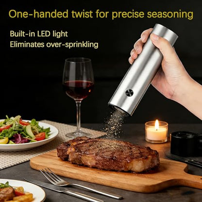 Rechargeable Salt and Pepper Grinder Set,Automatic Rechargeable, LED Light, External Adjustable Coarseness, Upgrade Large Capacity, Rechargeable Base Kitchen, Dining & BBQ, Gifts for Women Mom(Silver)
