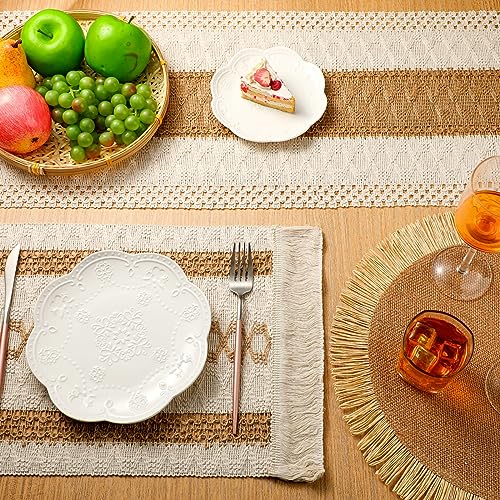 Xuhal 13 Pcs Boho Placemats and Table Runner Set Farmhouse Round/Rectangular Woven Placemats Cotton Macrame Table Runner 11.8 x 78.7 Inch Rustic Decor for Dining Kitchen Spring Tea Party - style: Stylish Style