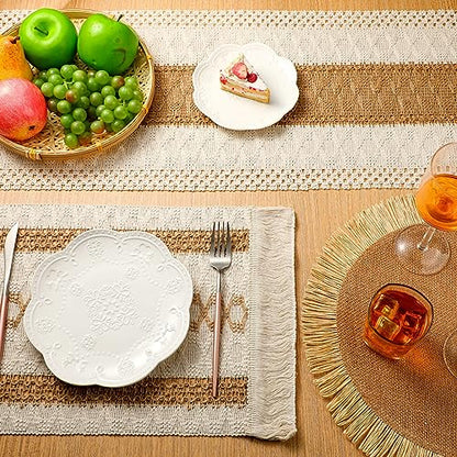 Xuhal 13 Pcs Boho Placemats and Table Runner Set Farmhouse Round/Rectangular Woven Placemats Cotton Macrame Table Runner 11.8 x 78.7 Inch Rustic Decor for Dining Kitchen Spring Tea Party - style: Stylish Style