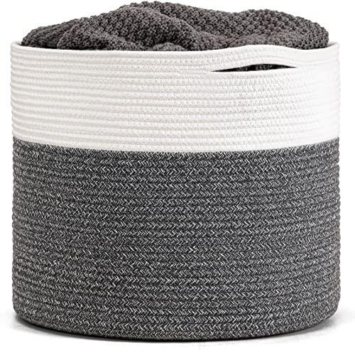 Goodpick Woven Blanket Basket Living Room, Toy Bin for Playroom, 45L | 15.8 x 15.8 x 13.8 In Toy Storage Basket for Nursery, Blanket Basket for Living room, Laundry Basket, Gray - color: White & Grey, size: 15.8x15.8x13.8 Inch (Pack of 1)